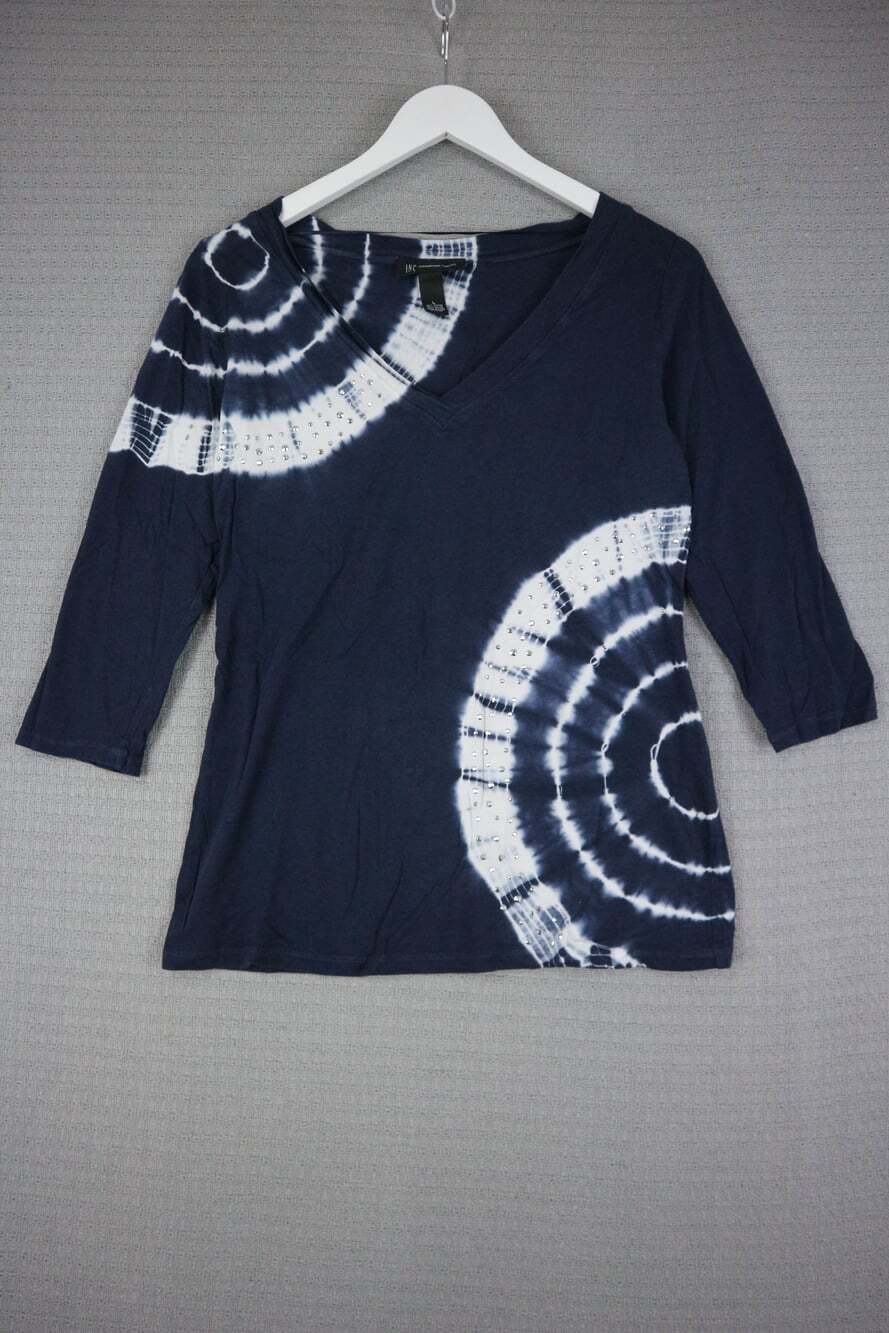 INC International Concepts Tie-Dye Rhinestone V-Neck Top Large Cotton Blend